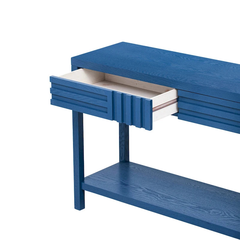 51.3 MDF Classic Stripe Konsolentisch – Eschefurnier & Tannenholzbeine mit 2 Schubladen