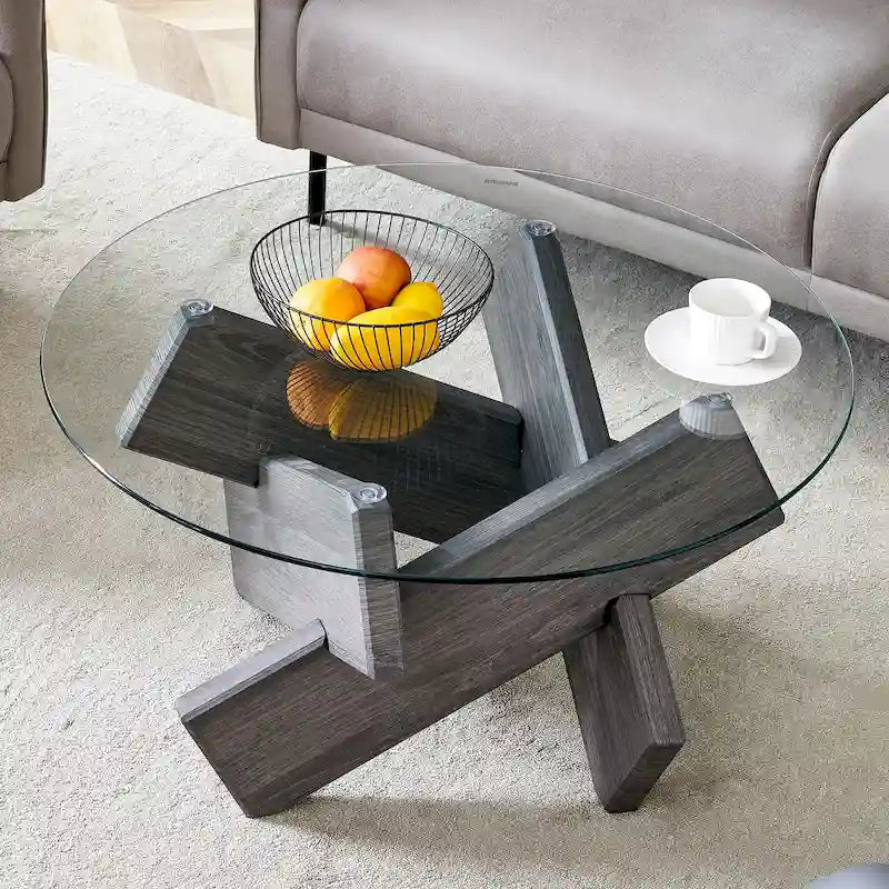 33,4 Moderner runder Couchtisch mit klarer gehärteter Glasplatte und MDF-Beinen für das Wohnzimmer