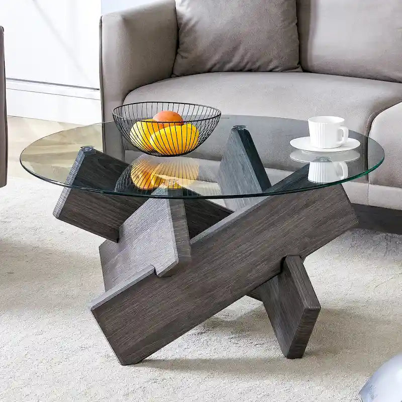 33,4 Moderner runder Couchtisch mit klarer gehärteter Glasplatte und MDF-Beinen für das Wohnzimmer