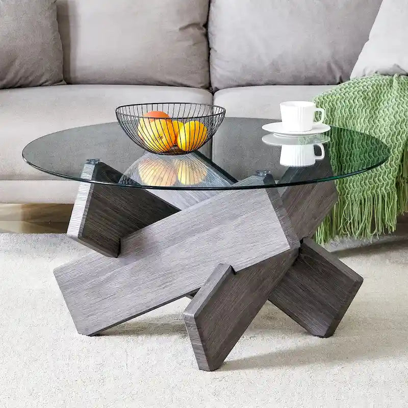 33,4 Moderner runder Couchtisch mit klarer gehärteter Glasplatte und MDF-Beinen für das Wohnzimmer