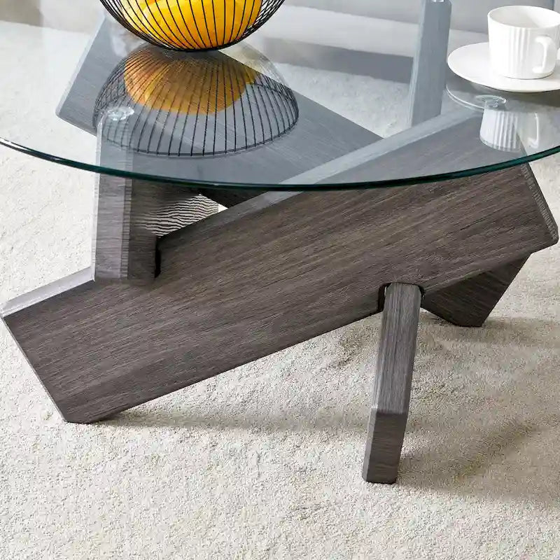 33,4 Moderner runder Couchtisch mit klarer gehärteter Glasplatte und MDF-Beinen für das Wohnzimmer