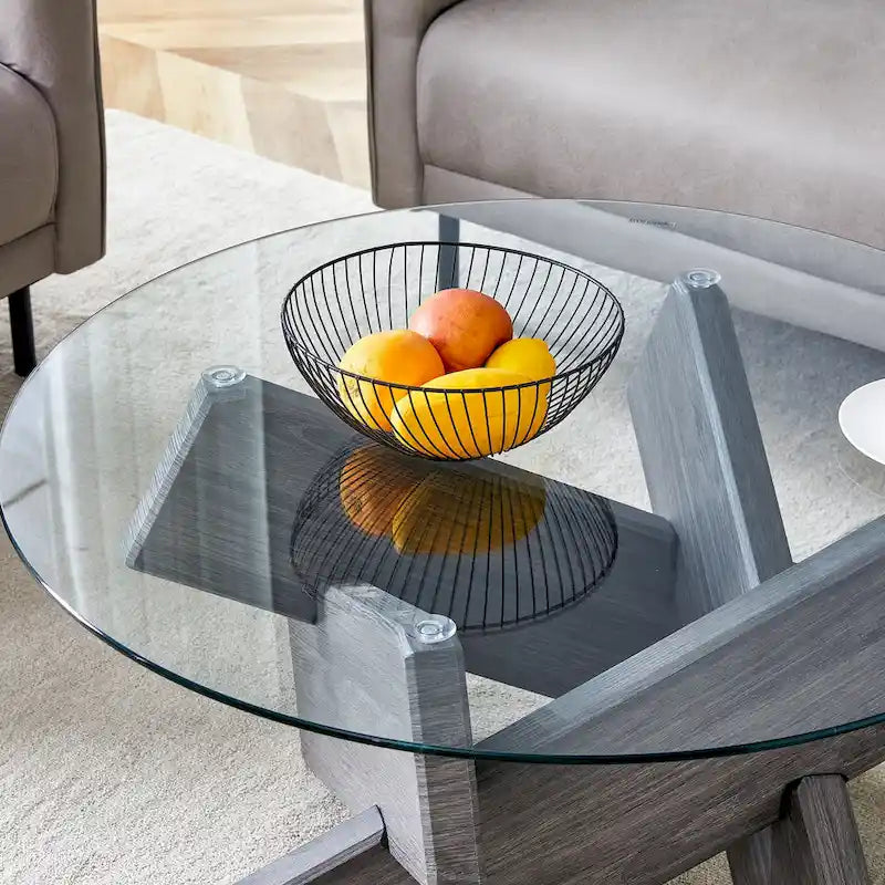 33,4 Moderner runder Couchtisch mit klarer gehärteter Glasplatte und MDF-Beinen für das Wohnzimmer