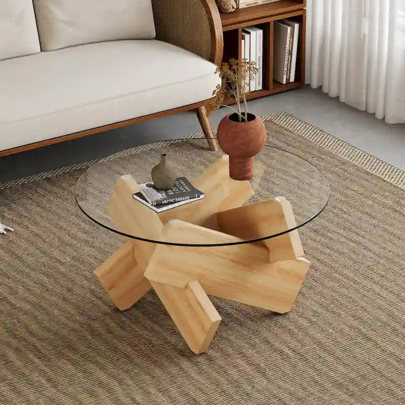 33,4 Moderner runder Couchtisch mit klarer gehärteter Glasplatte und MDF-Beinen für das Wohnzimmer
