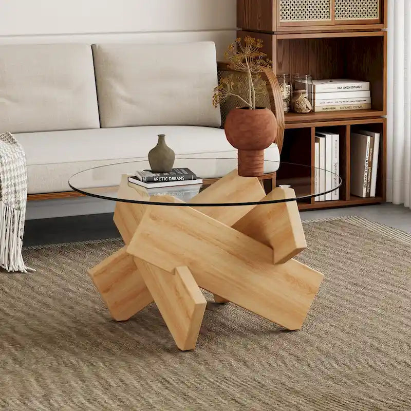 33,4 Moderner runder Couchtisch mit klarer gehärteter Glasplatte und MDF-Beinen für das Wohnzimmer