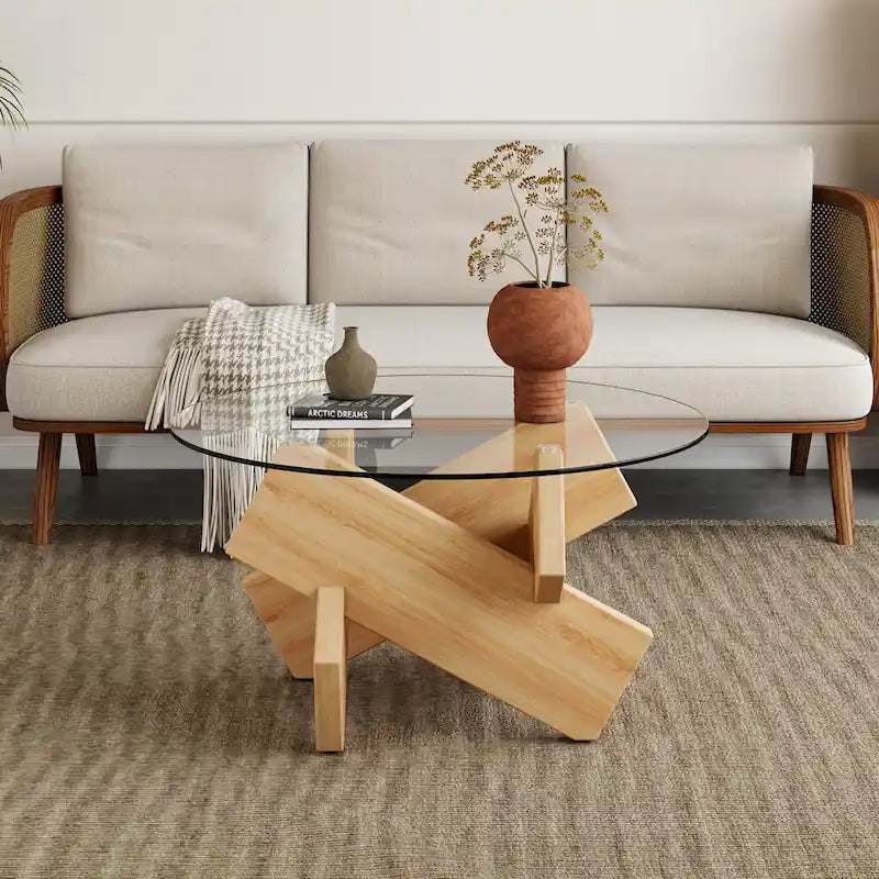33,4 Moderner runder Couchtisch mit klarer gehärteter Glasplatte und MDF-Beinen für das Wohnzimmer