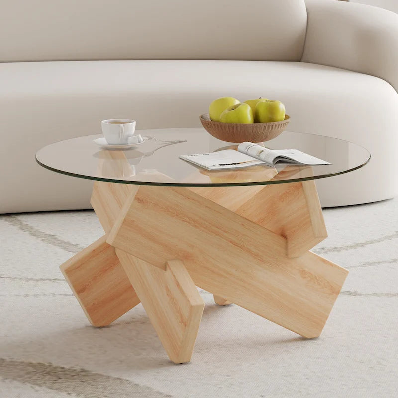 33,4 Moderner runder Couchtisch mit klarer gehärteter Glasplatte und MDF-Beinen für das Wohnzimmer