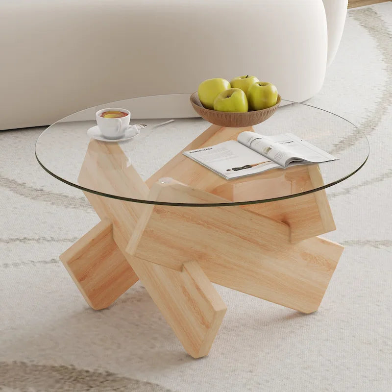 33,4 Moderner runder Couchtisch mit klarer gehärteter Glasplatte und MDF-Beinen für das Wohnzimmer