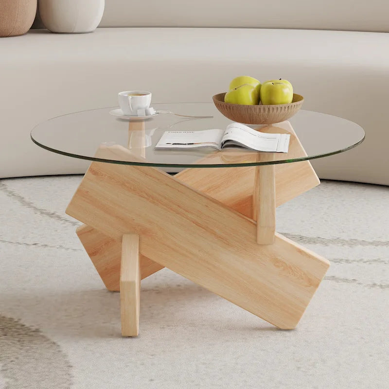 33,4 Moderner runder Couchtisch mit klarer gehärteter Glasplatte und MDF-Beinen für das Wohnzimmer