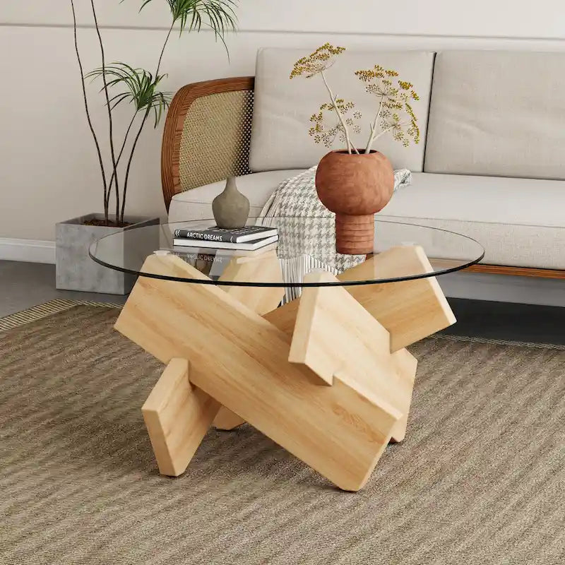 33,4 Moderner runder Couchtisch mit klarer gehärteter Glasplatte und MDF-Beinen für das Wohnzimmer