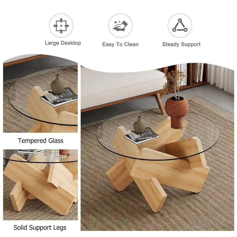 33,4 Moderner runder Couchtisch mit klarer gehärteter Glasplatte und MDF-Beinen für das Wohnzimmer