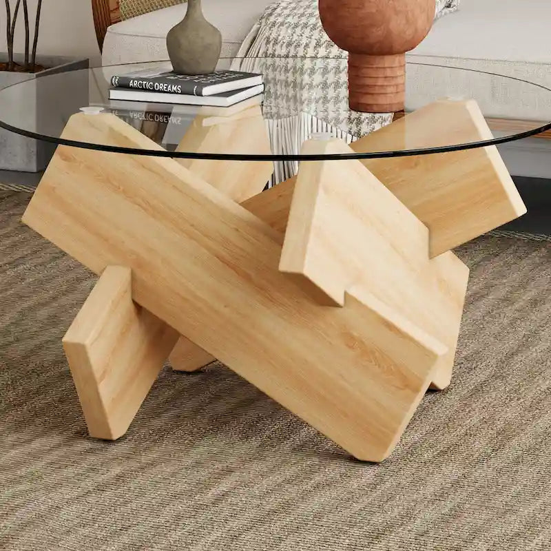 33,4 Moderner runder Couchtisch mit klarer gehärteter Glasplatte und MDF-Beinen für das Wohnzimmer