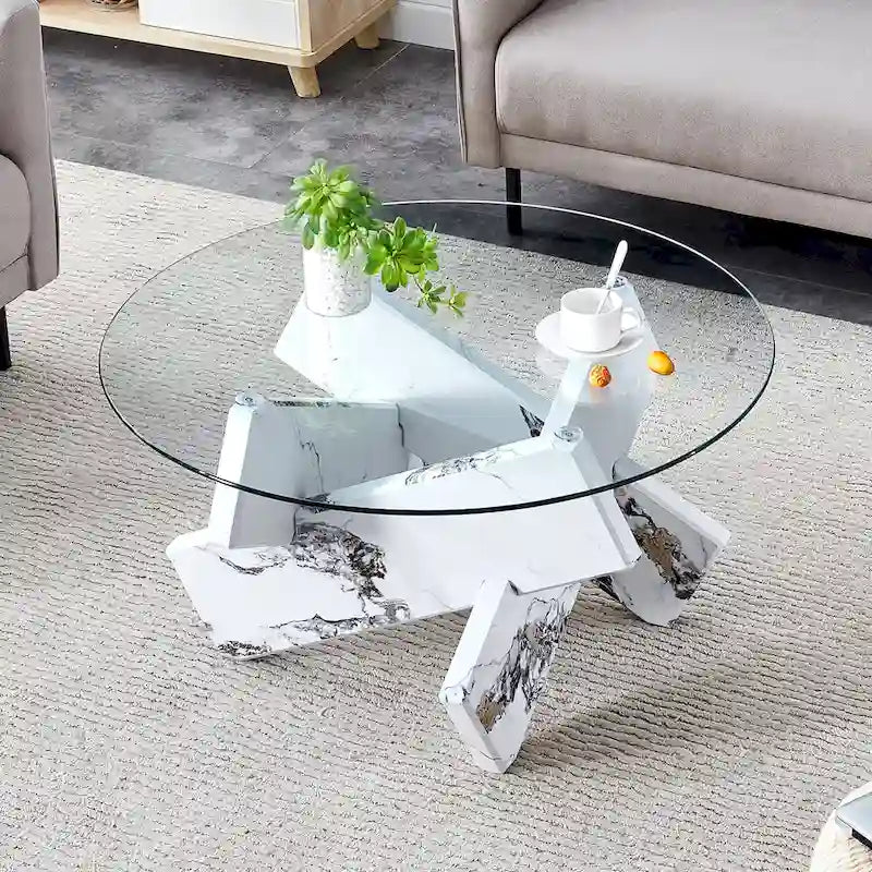 33,4 Moderner runder Couchtisch mit klarer gehärteter Glasplatte und MDF-Beinen für das Wohnzimmer
