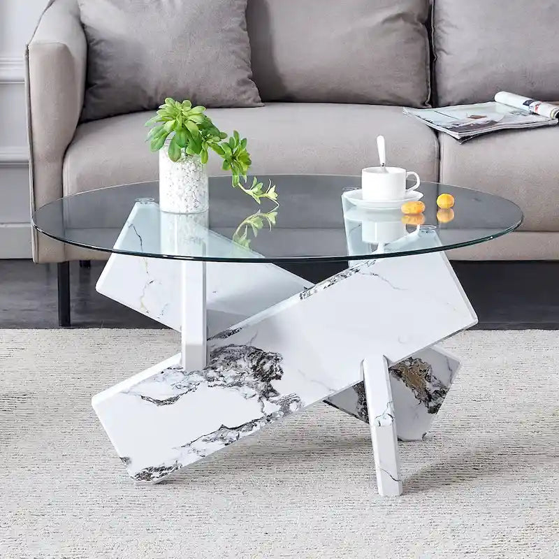 33,4 Moderner runder Couchtisch mit klarer gehärteter Glasplatte und MDF-Beinen für das Wohnzimmer
