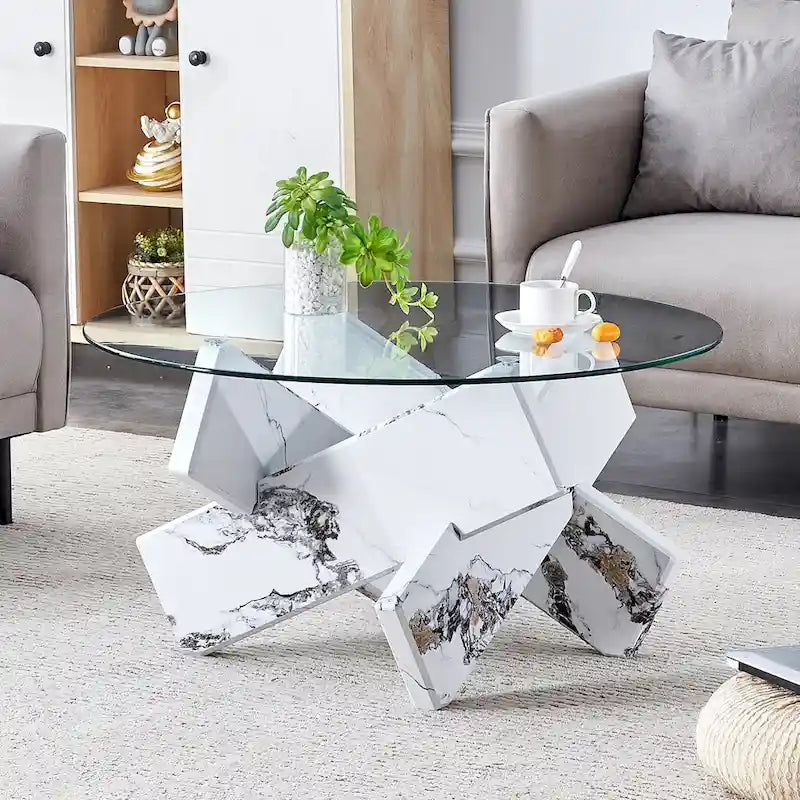 33,4 Moderner runder Couchtisch mit klarer gehärteter Glasplatte und MDF-Beinen für das Wohnzimmer