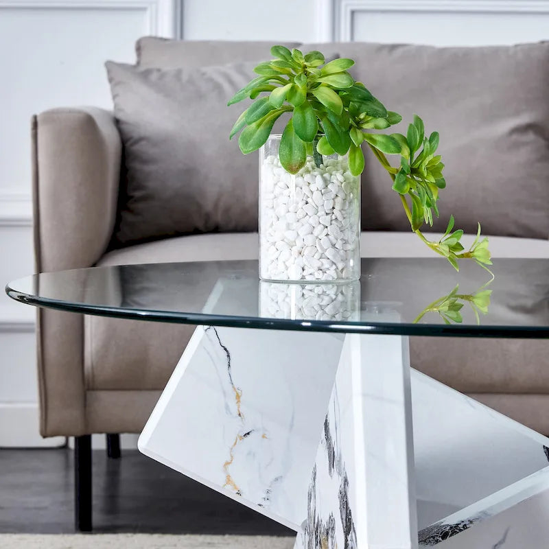 33,4 Moderner runder Couchtisch mit klarer gehärteter Glasplatte und MDF-Beinen für das Wohnzimmer
