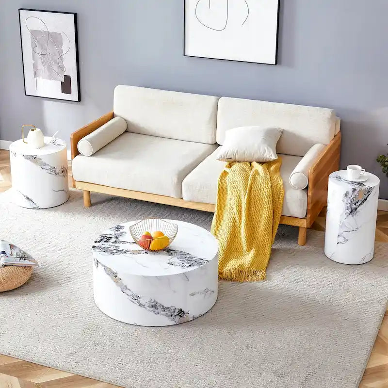 Modernes 3-teiliges rundes Couchtisch-Set mit Holzmaserung-Aufkleber-Tischplatte für das Wohnzimmer