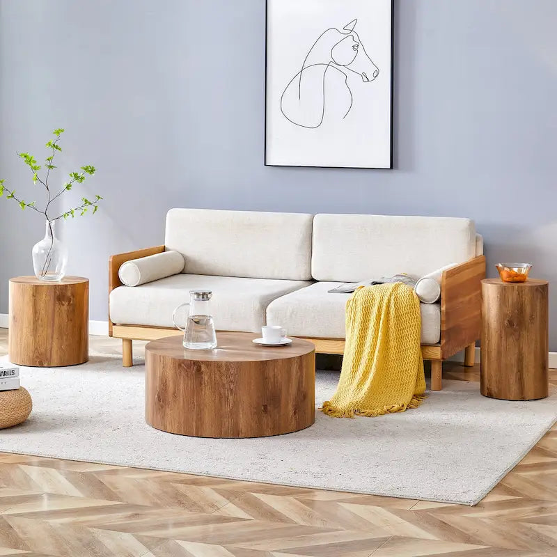 Modernes 3-teiliges rundes Couchtisch-Set mit Holzmaserung-Aufkleber-Tischplatte für das Wohnzimmer
