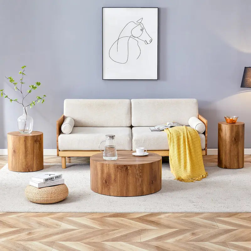 Modernes 3-teiliges rundes Couchtisch-Set mit Holzmaserung-Aufkleber-Tischplatte für das Wohnzimmer