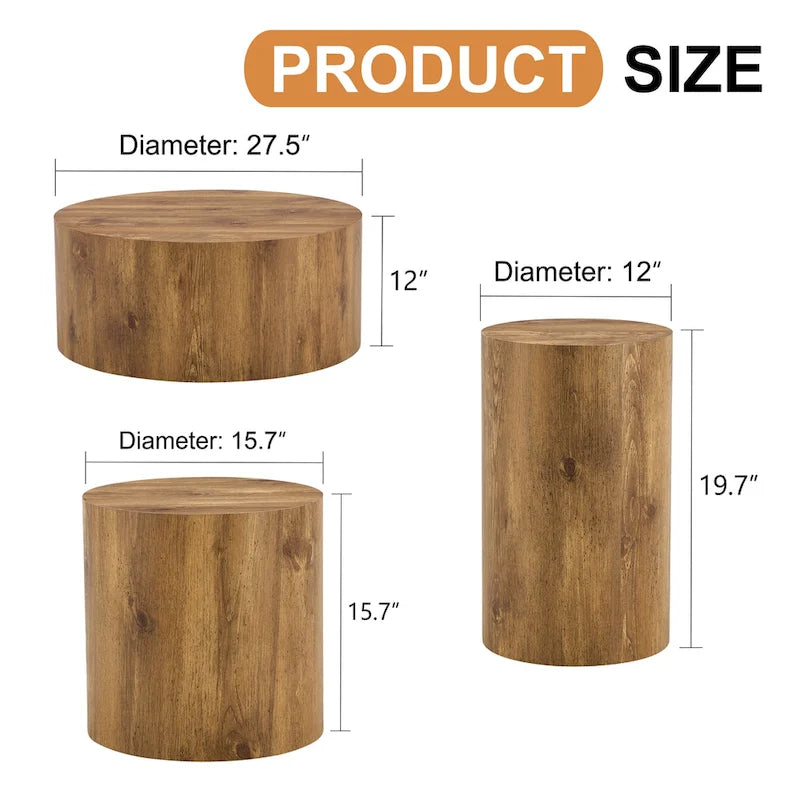 Modernes 3-teiliges rundes Couchtisch-Set mit Holzmaserung-Aufkleber-Tischplatte für das Wohnzimmer