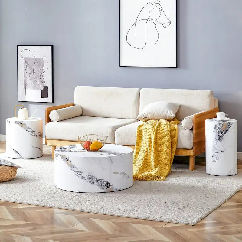 Modernes 3-teiliges rundes Couchtisch-Set mit Holzmaserung-Aufkleber-Tischplatte für das Wohnzimmer