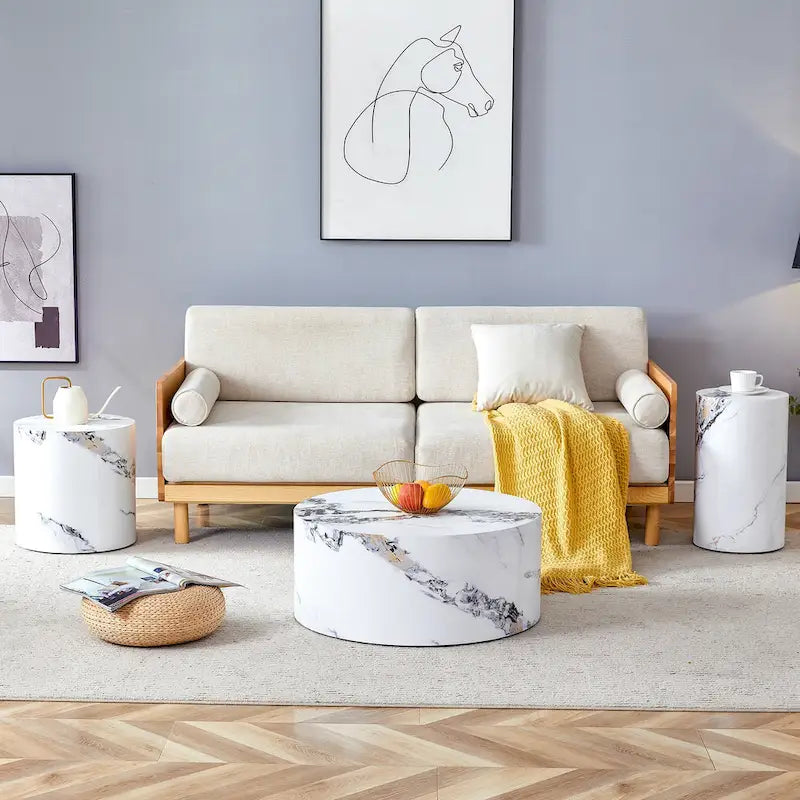 Modernes 3-teiliges rundes Couchtisch-Set mit Holzmaserung-Aufkleber-Tischplatte für das Wohnzimmer