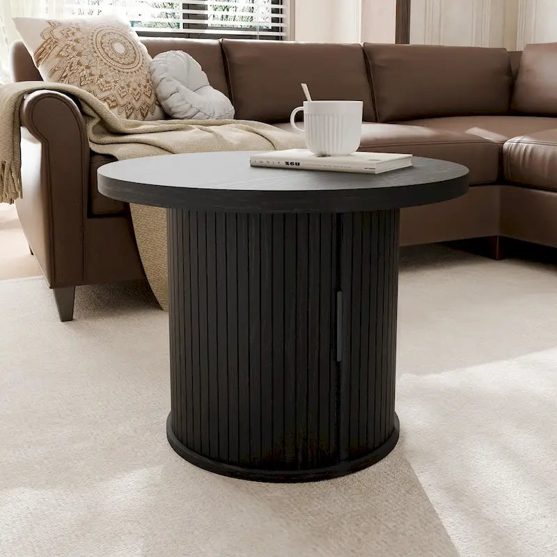 Runder Couchtisch Tambour Design mit Ablagefach