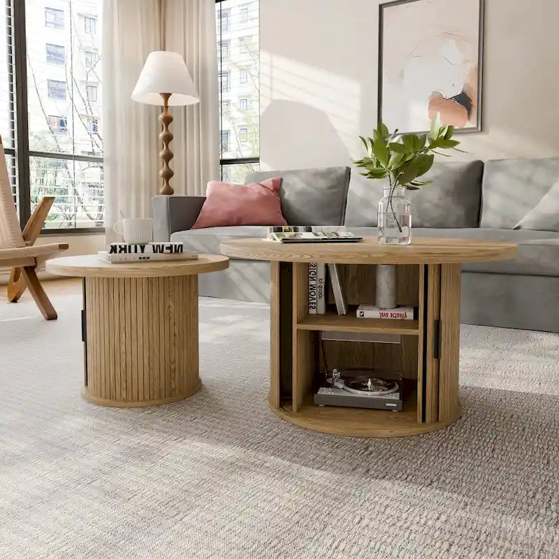 Runder Couchtisch Tambour Design mit Ablagefach
