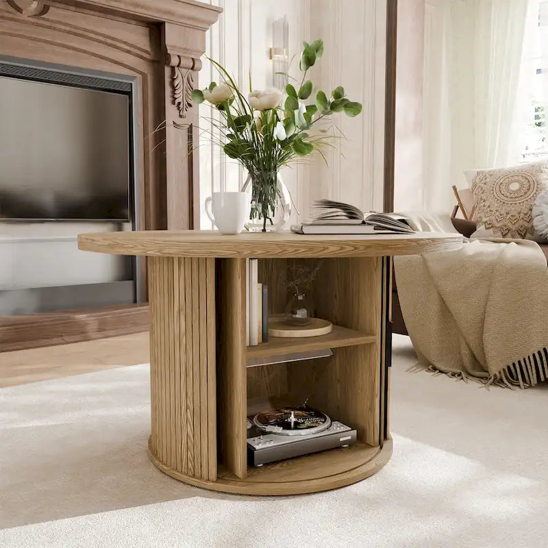 Runder Couchtisch Tambour Design mit Ablagefach