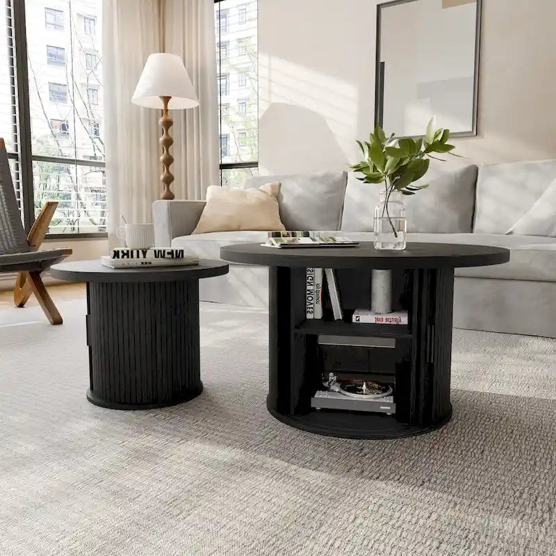 Runder Couchtisch Tambour Design mit Ablagefach