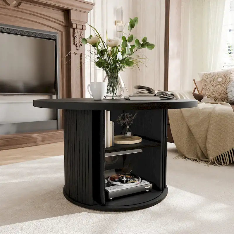 Runder Couchtisch Tambour Design mit Ablagefach
