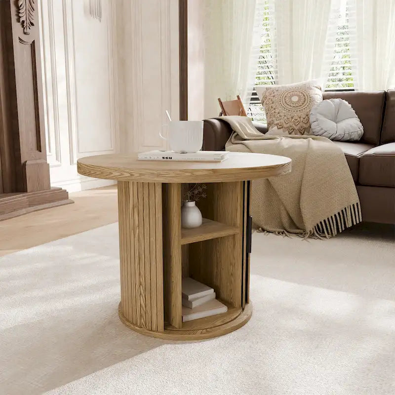 Runder Couchtisch Tambour Design mit Ablagefach
