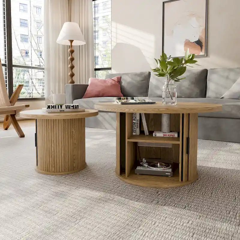 Runder Couchtisch Tambour Design mit Ablagefach