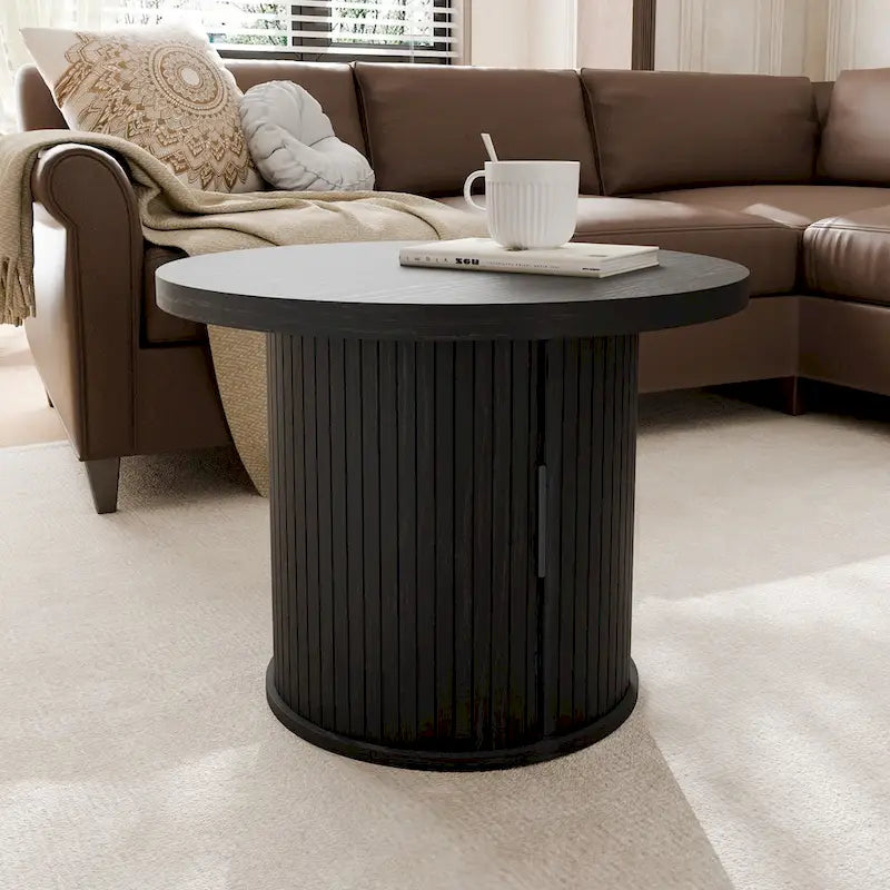 Runder Couchtisch Tambour Design mit Ablagefach