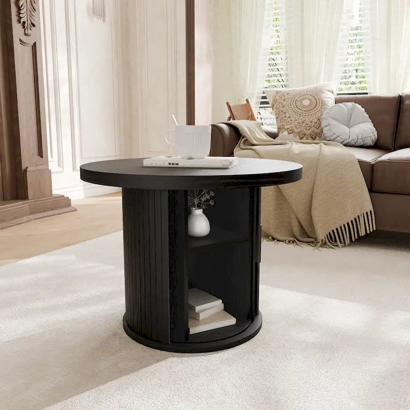 Runder Couchtisch Tambour Design mit Ablagefach
