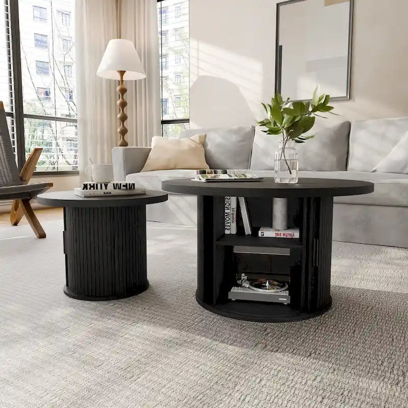 Runder Couchtisch Tambour Design mit Ablagefach