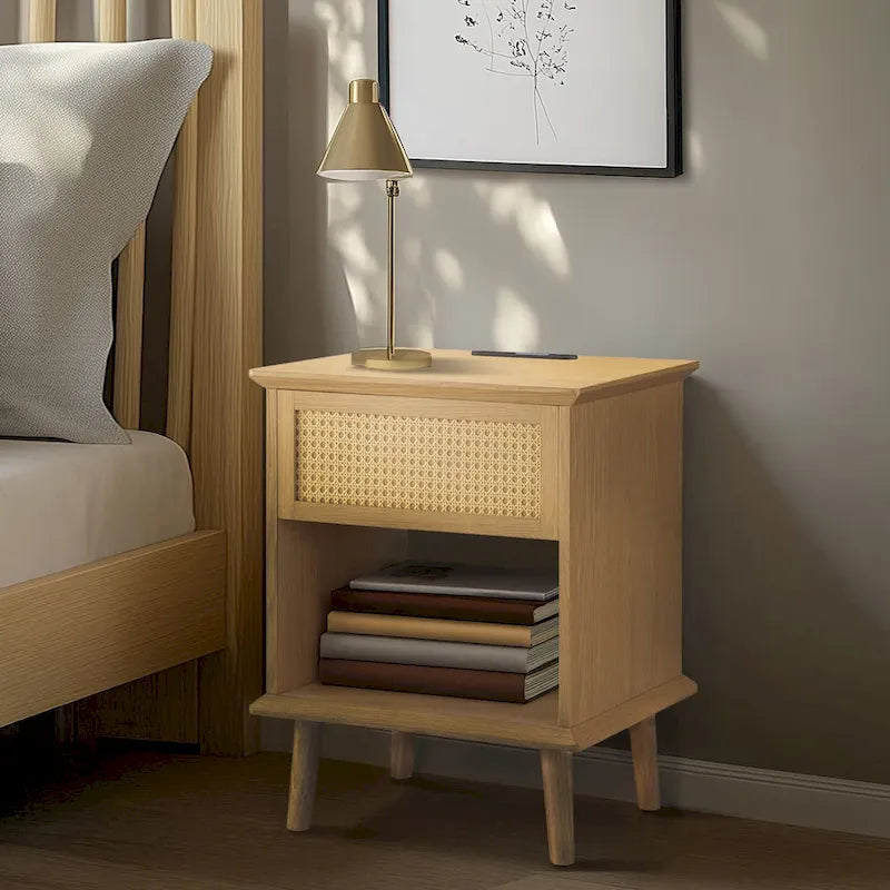Chelsea Square Teagan Rattan Akzent-Beistelltisch mit Schublade, Ladestation & LED-Touch-Beleuchtung - 15,25x23,75