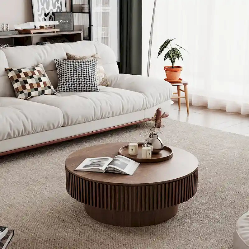 Moderner runder Couch-/Teetisch aus massivholzfurniertem Holz mit Stauraum