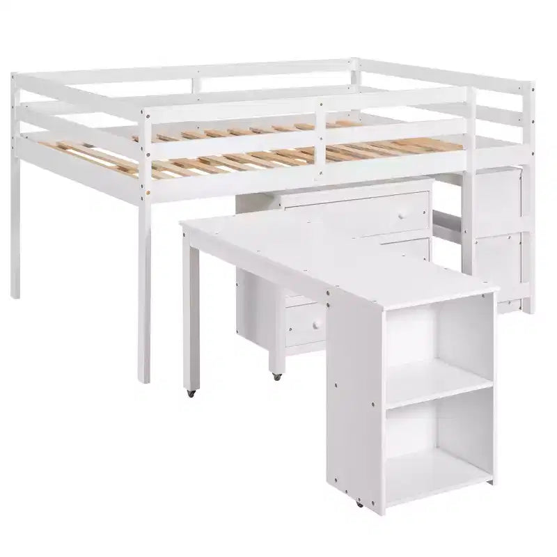 Niedriges Hochbett in voller Größe mit Rollschreibtisch, 3 Schubladen und Regalen