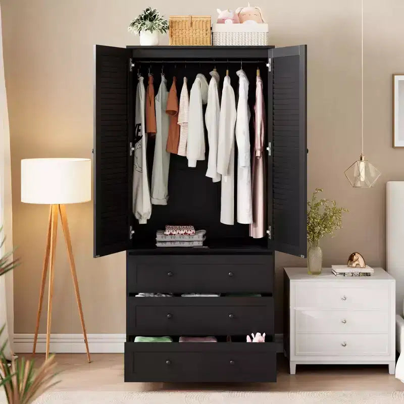COZONY Kleiderschrank mit 3 Schubladen und 2 Türen, moderner Holzschrank für Schlafzimmer, robuster weißer Stehschrank