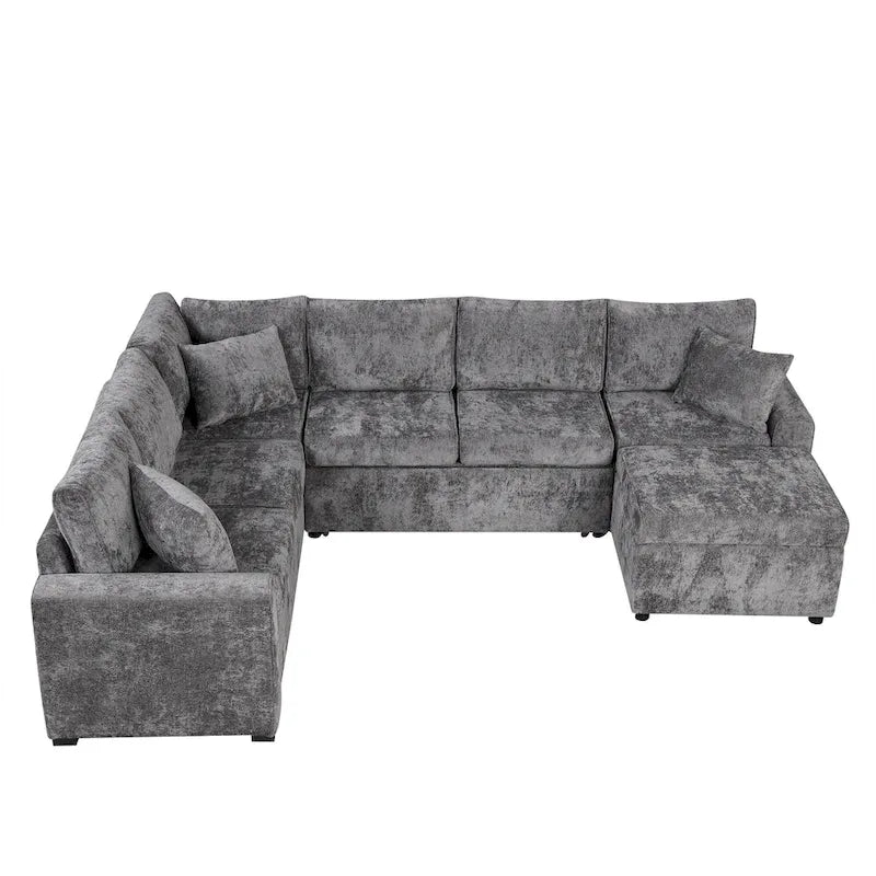 Chenille Ecksofa mit Ausziehfunktion, L-förmiges Schlafsofa mit Stauraum-Ottomane, 3 Kissen und Ladevorrichtungen