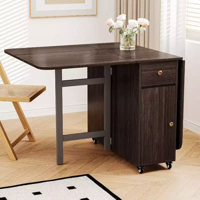 ATJafurn 59'' Klappbarer Esstisch mit Klappplatten für kleine Räume, rechteckiger, ausziehbarer Küchentisch aus Holz mit Rollen und Stauraum