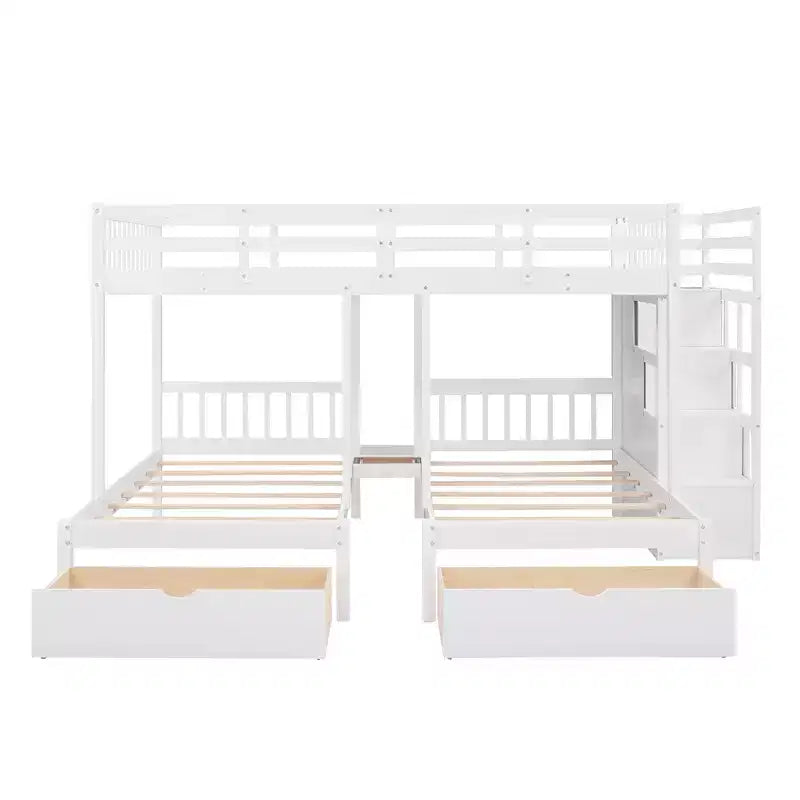 Whisen Etagenbett mit Doppelbett oben und zwei Einzelbetten unten, dreifaches Etagenbett aus Holz mit Schubladen und Schutzgittern