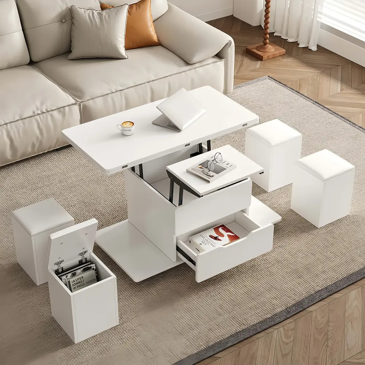 Klappbarer Couchtisch mit Liftfunktion, 4 Hockern und Stauraum