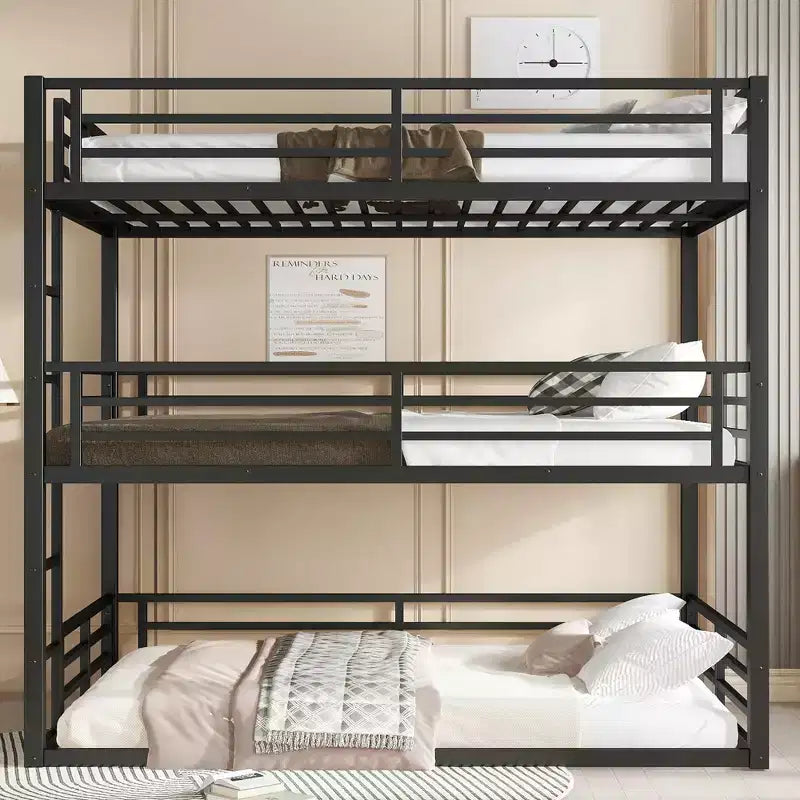 Etagenbett für drei Personen, Full über Full über Full, aus Metall, mit Sicherheitsgeländern, strapazierfähiges Etagenbett mit geräuschreduziertem Design, Schwarz
