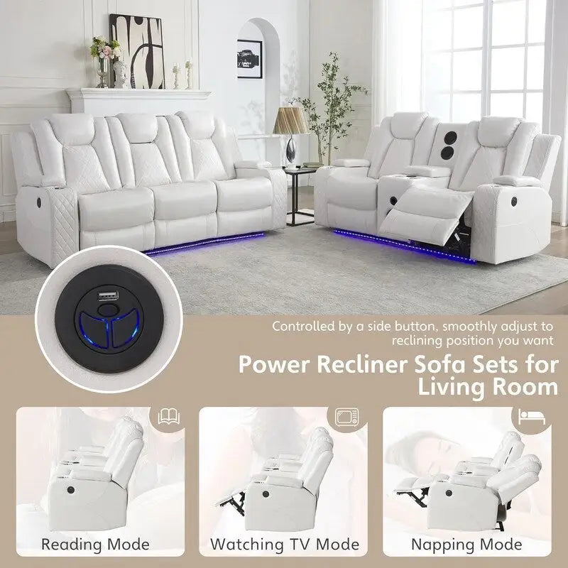 Elektrisches Relaxsofa mit kabellosem Ladegerät, Leselampe für das Wohnzimmer, Kunstleder-LED-Beleuchtung, AC/USB-Anschluss, Getränkehalter, Schwarz