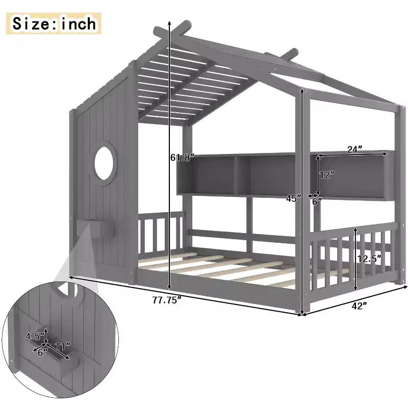 Bodenhausbett mit integrierten Ablageregalen & Lattenrost