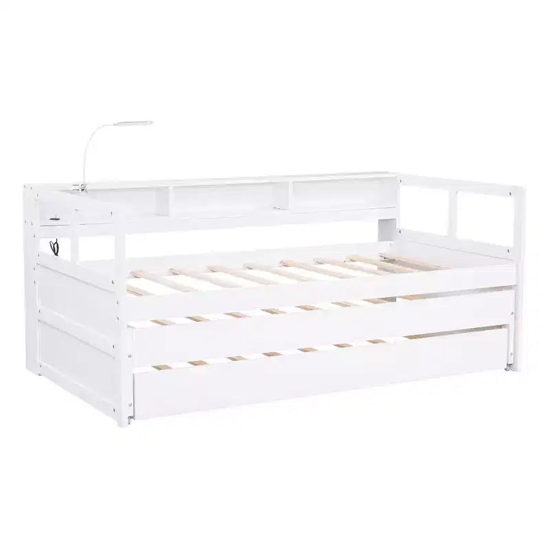Whisen Twin XL Tagesbett aus Holz mit 2 Ausziehbetten, 3 Staufächern, 1 kostenloser Leuchte und USB-Ladefunktion