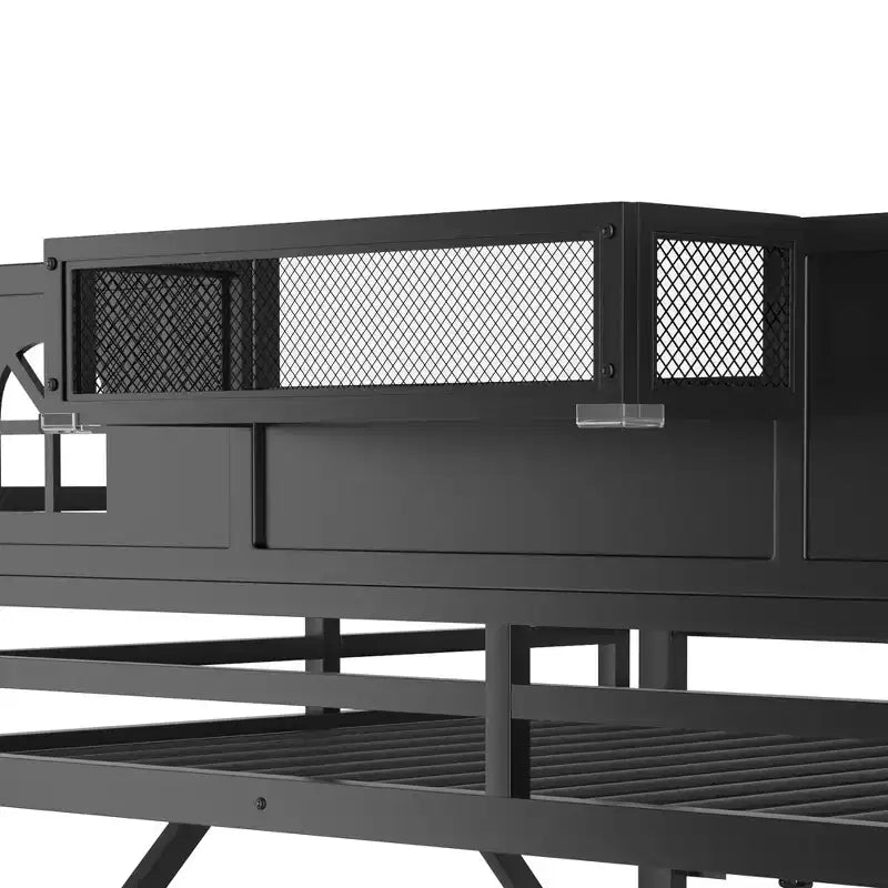 ModernLuxe Hochbett für Full/Queen-Betten mit Treppe und integriertem Kleiderschrank, Metallbettgestell mit LED-Beleuchtung, USB-Ladestation und Ablagefächern