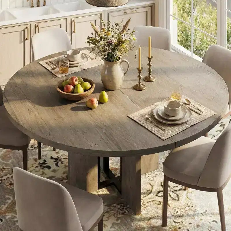 Ausziehbarer runder Esstisch 47-63 für 4-8 Personen, aus Bauernholz, ausziehbarer Küchentisch mit Metallrahmen, oval und platzsparend für Apartments, Retro-Grau