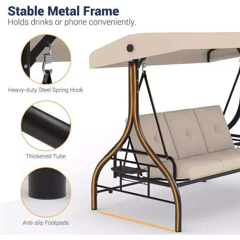 2-in-1 Cabrio 3-Sitzer Hollywoodschaukel mit verstellbarem Dach, Terrassenschaukelbett mit Gestell, dicken Kissen und Getränkehaltern, für Garten, Terrasse, Veranda